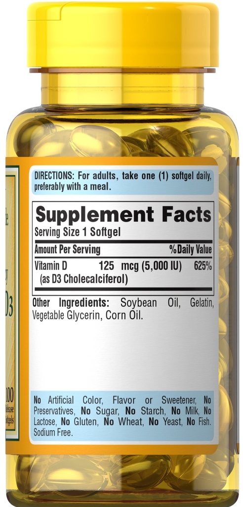 Vitamina D3 5,000 unidades 100 softgels - Puritan's Pride