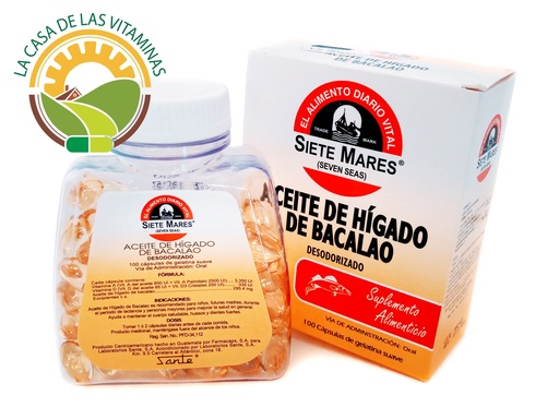 [07401008800655] Aceite de hígado de bacalao 100 cápsulas blandas Siete mares - Sante